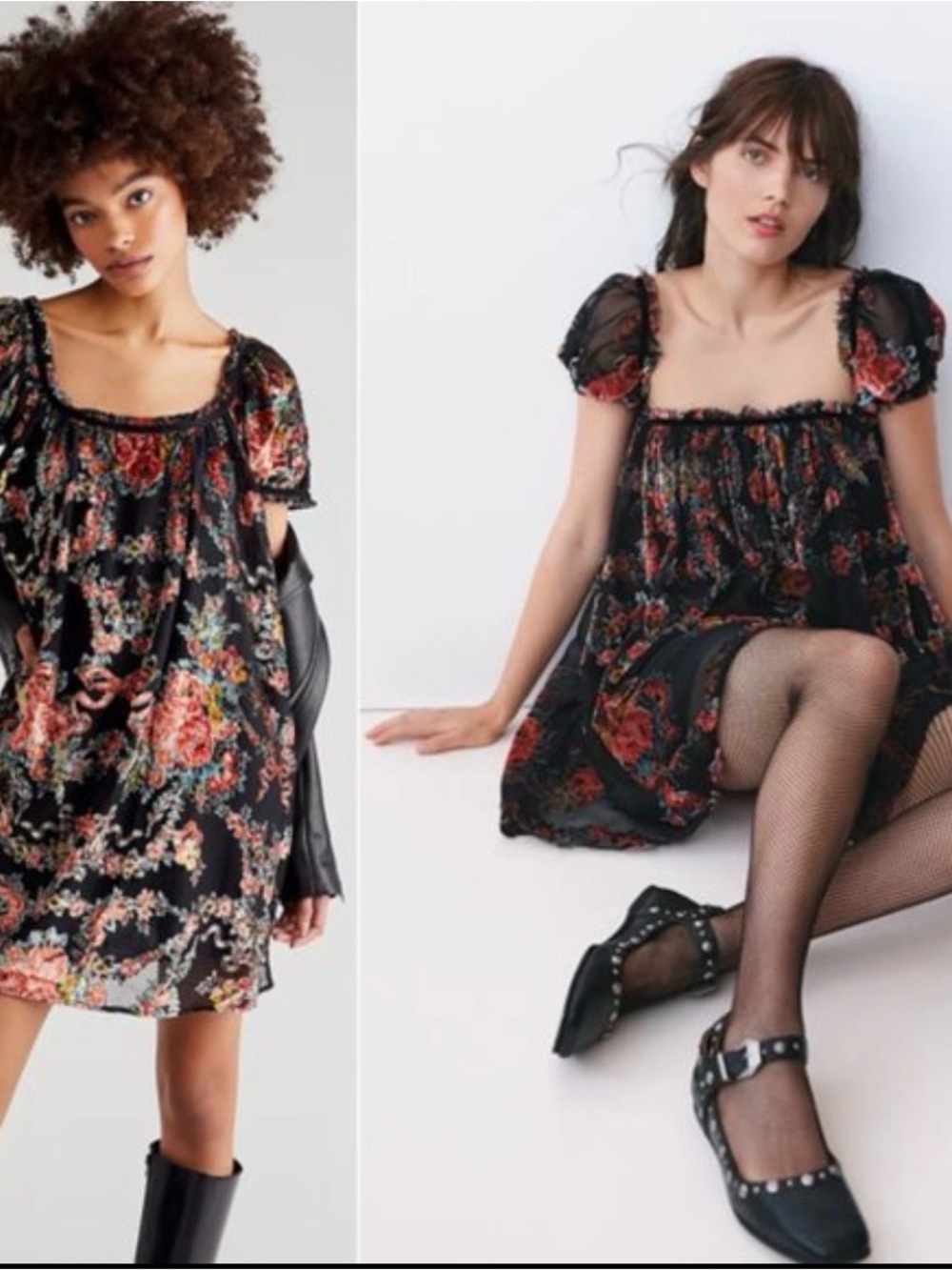 🦋 Free People| EUC Beautiful Blooms Velvet Floral Mini Dress Black S